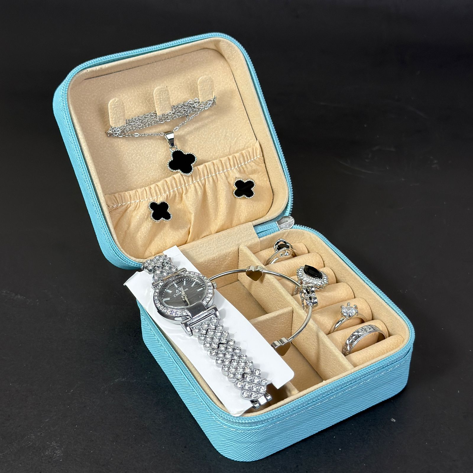 Women’s Silver Watch & Jewelry Set – Sky Blue Box with Black Clover Accents