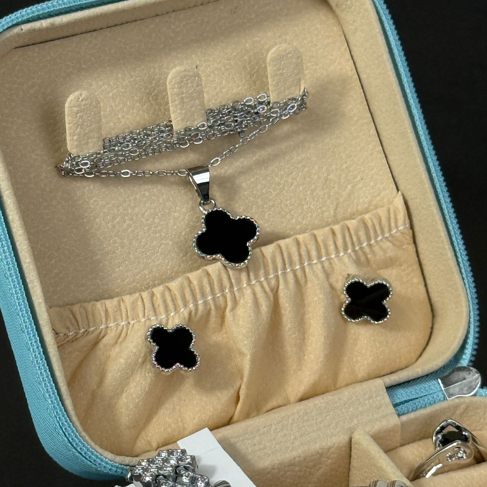 Women’s Silver Watch & Jewelry Set – Sky Blue Box with Black Clover Accents
