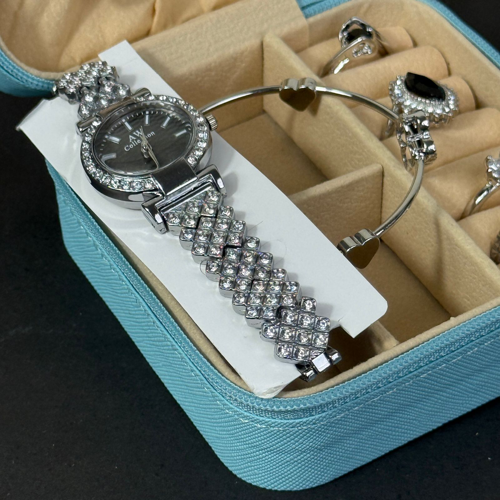 Women’s Silver Watch & Jewelry Set – Sky Blue Box with Black Clover Accents