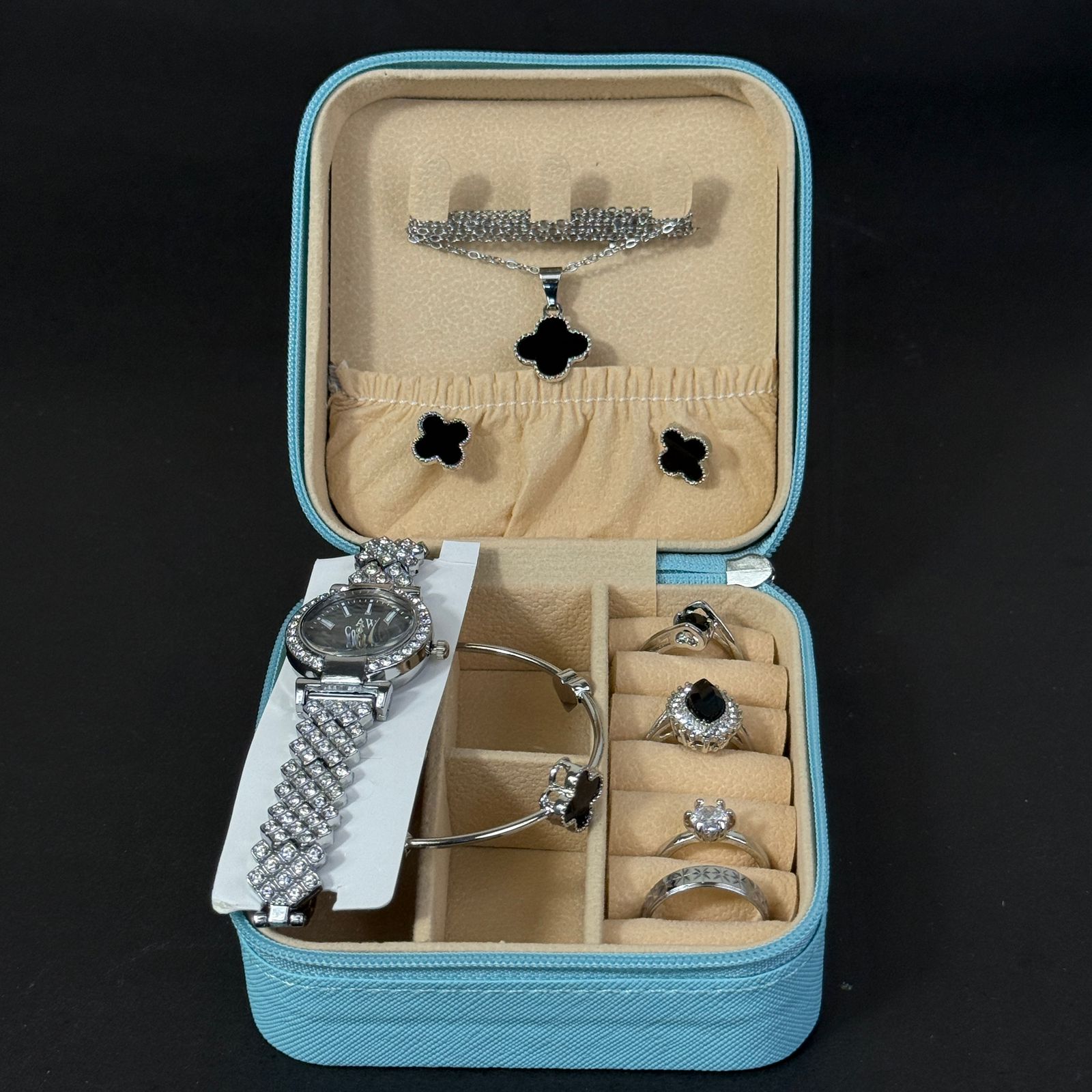 Women’s Silver Watch & Jewelry Set – Sky Blue Box with Black Clover Accents