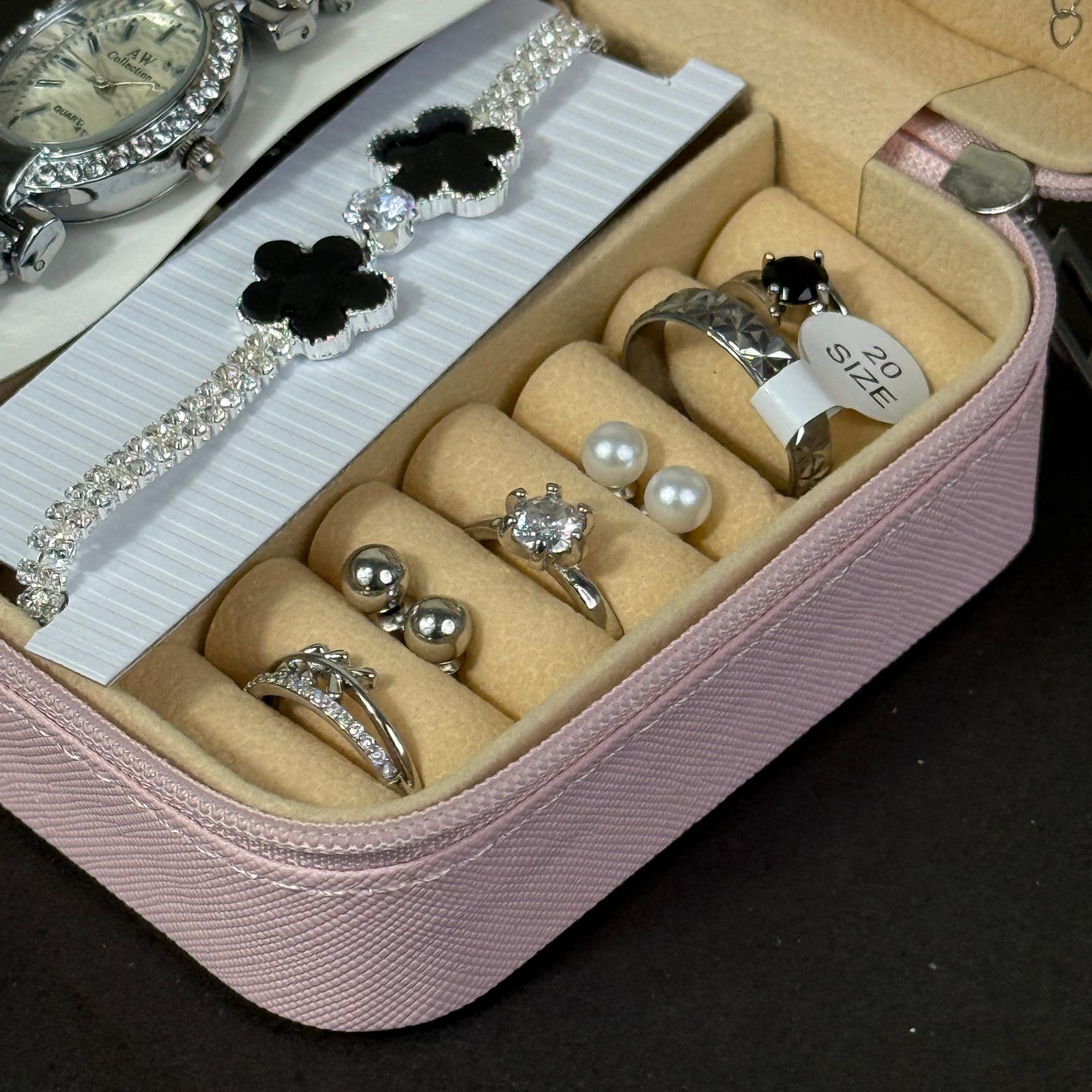 Women’s Silver Watch & Jewelry Set – Pink Box with Black Clover Design