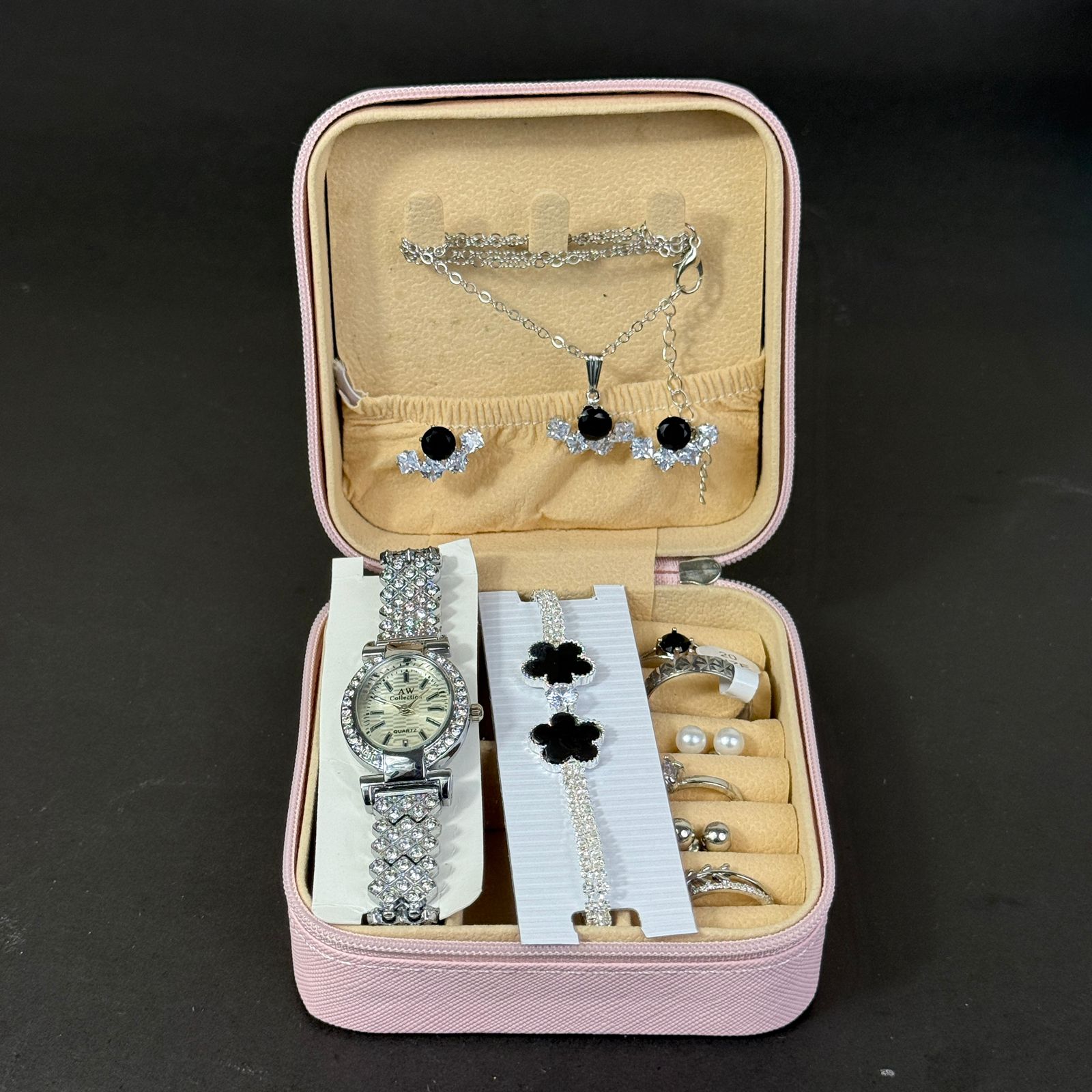 Women’s Silver Watch & Jewelry Set – Pink Box with Black Clover Design