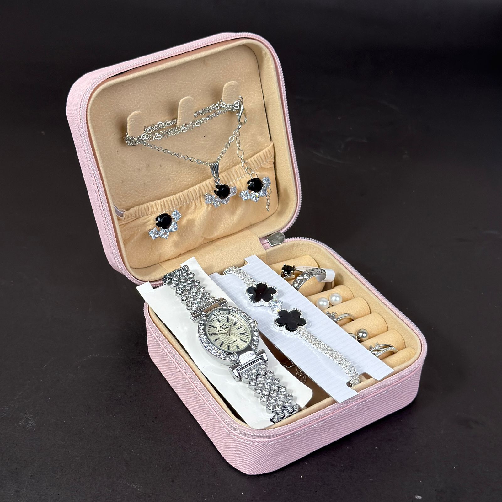 Women’s Silver Watch & Jewelry Set – Pink Box with Black Clover Design