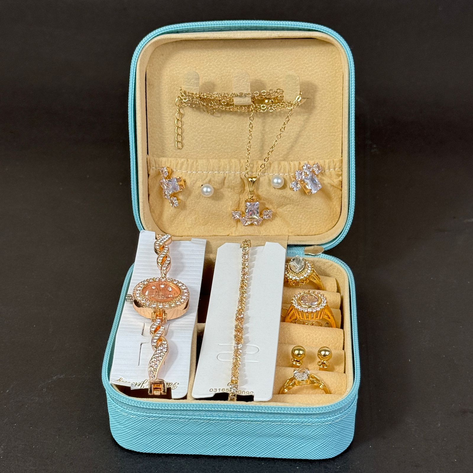 Women’s Rose Gold Watch & Jewelry Set – Mint Blue Box Edition