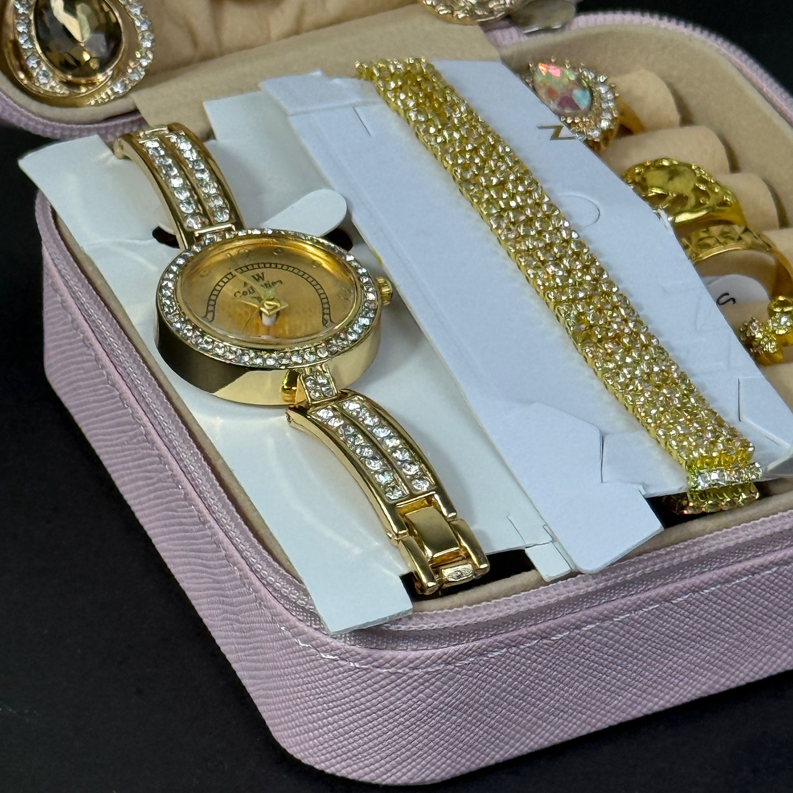 Women’s Gold-Tone Watch & Jewelry Set – Pink Box Edition