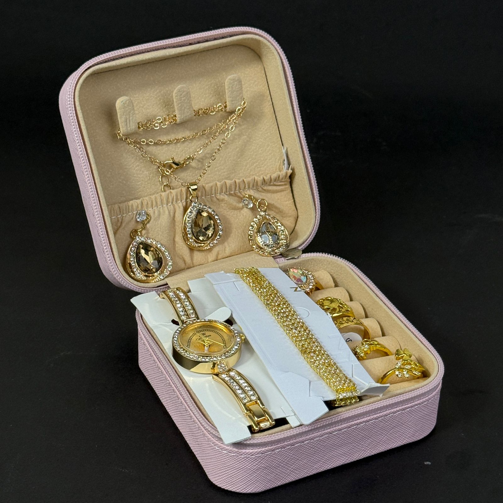 Women’s Gold-Tone Watch & Jewelry Set – Pink Box Edition