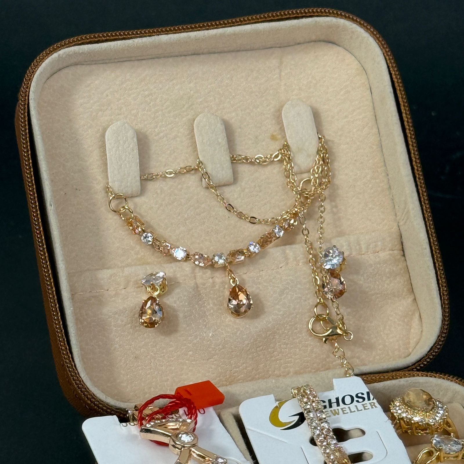 Women’s Rose Gold Watch & Jewelry Set – Brown Box with Blue Stone Accent