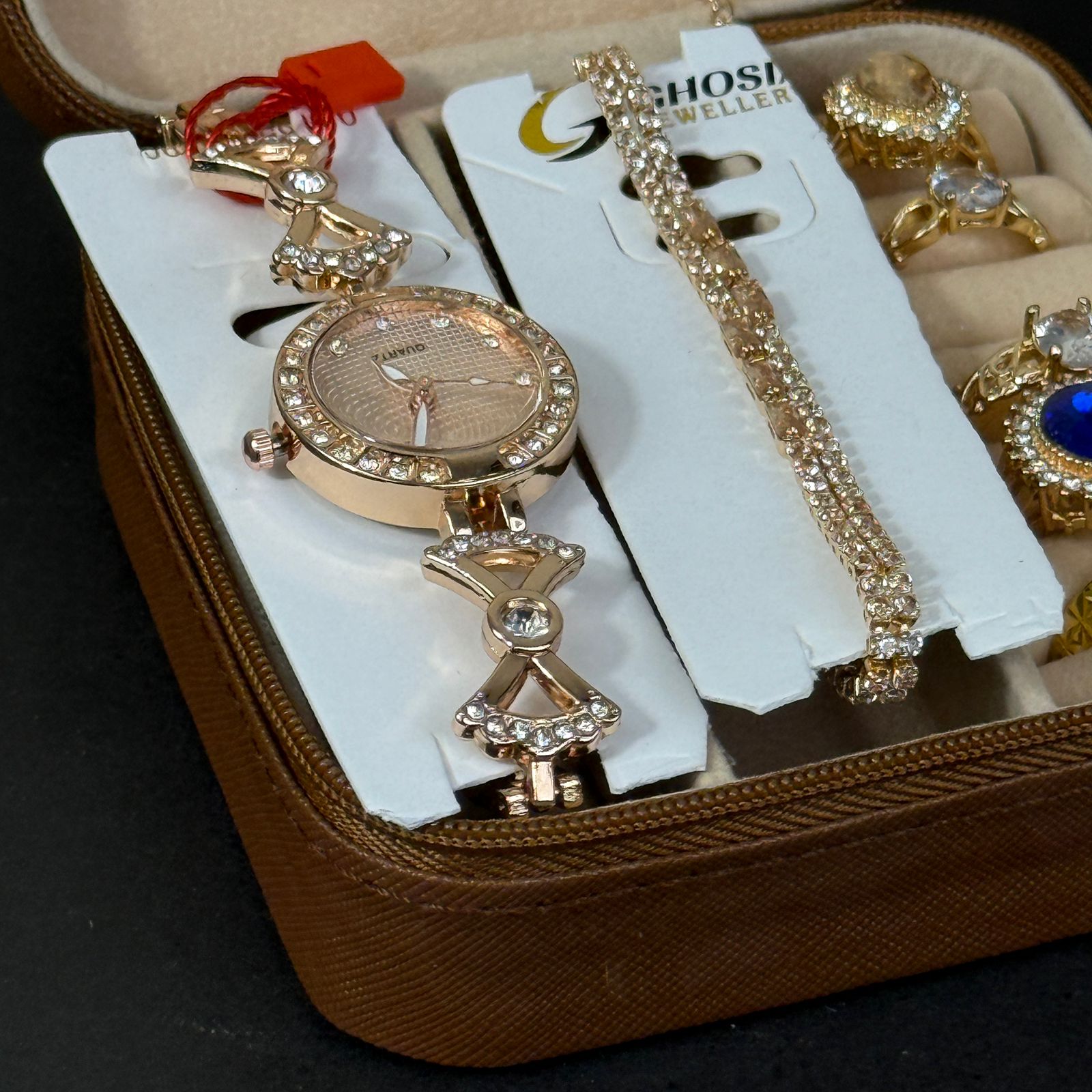Women’s Rose Gold Watch & Jewelry Set – Brown Box with Blue Stone Accent