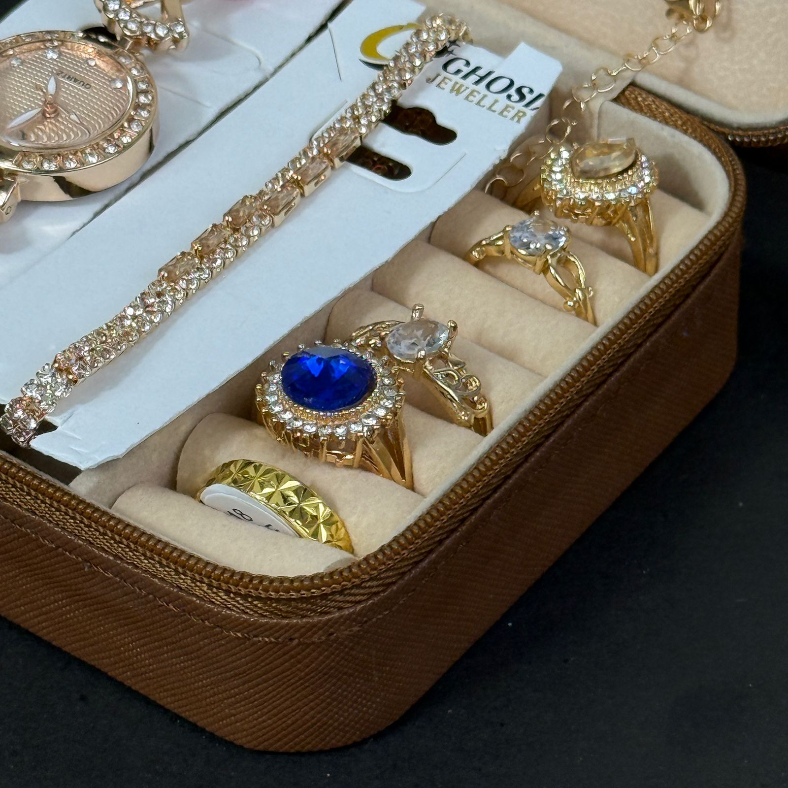 Women’s Rose Gold Watch & Jewelry Set – Brown Box with Blue Stone Accent