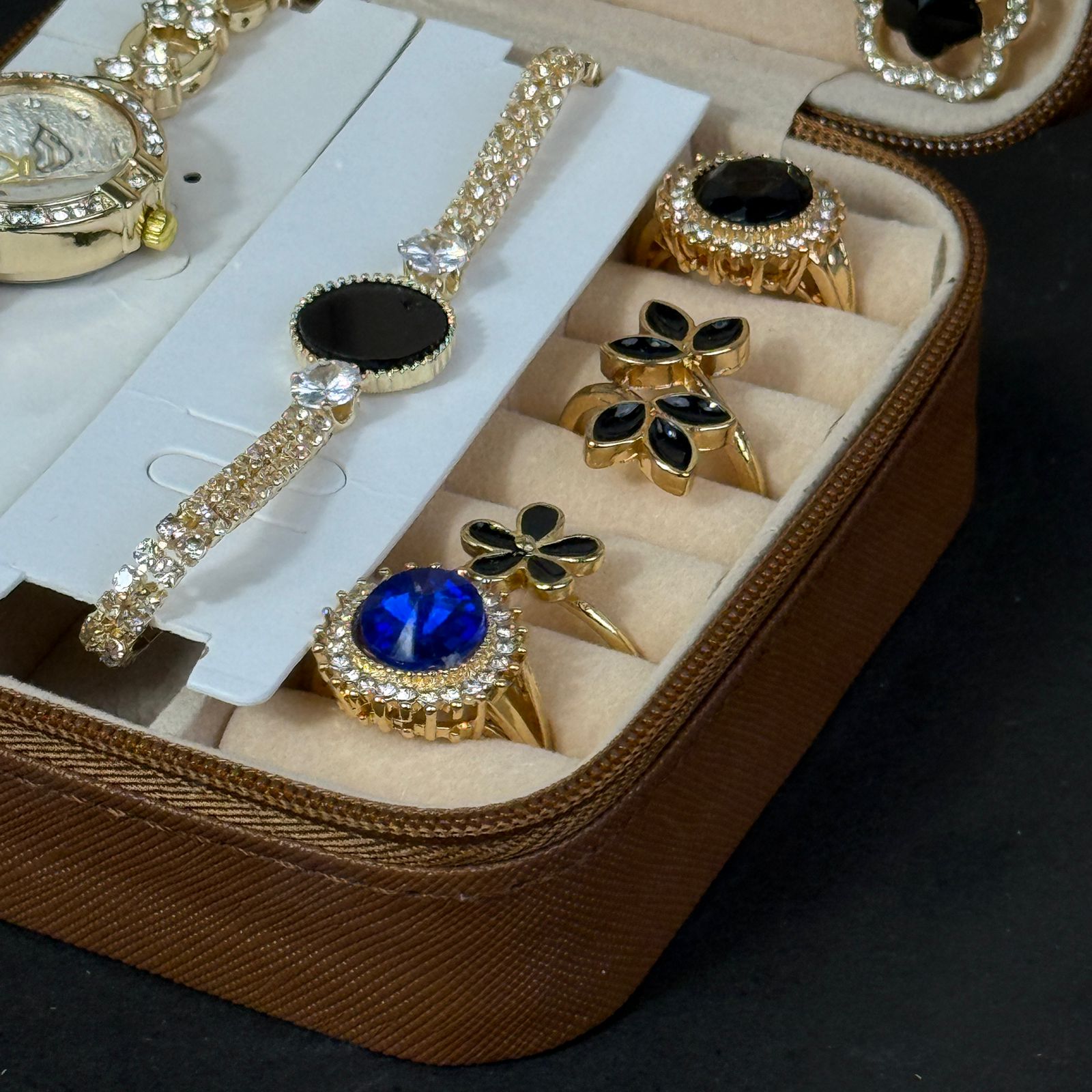 Women’s Gold Watch & Jewelry Set – Brown Box with Black & Blue Stone Accents