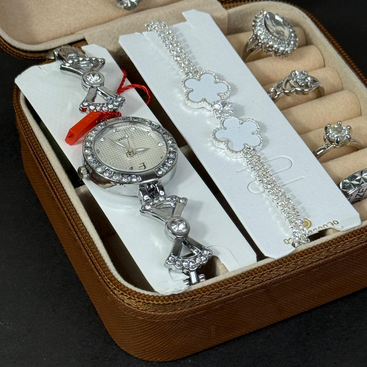 Women’s Silver Watch & Jewelry Set – Brown Box Edition