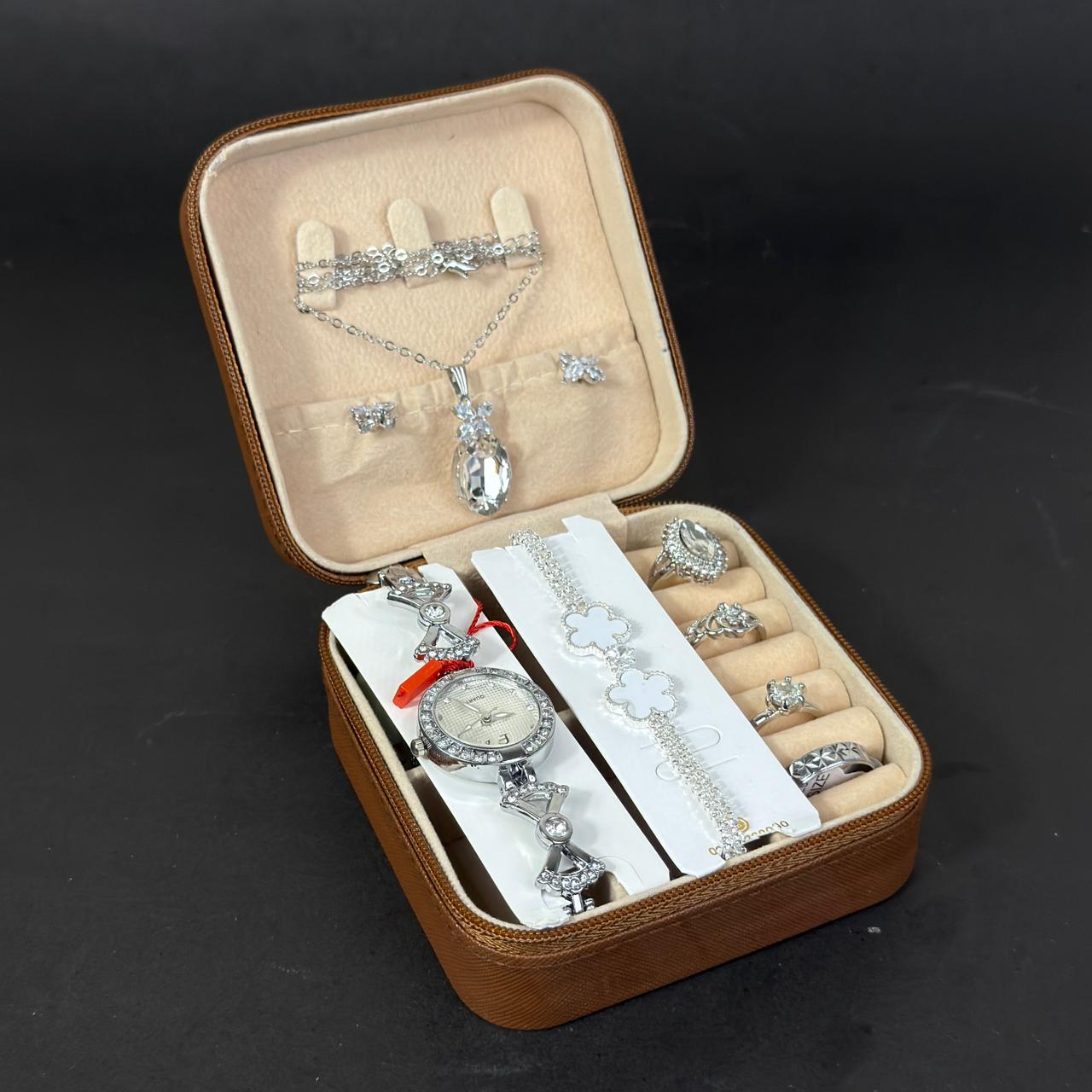 Women’s Silver Watch & Jewelry Set – Brown Box Edition