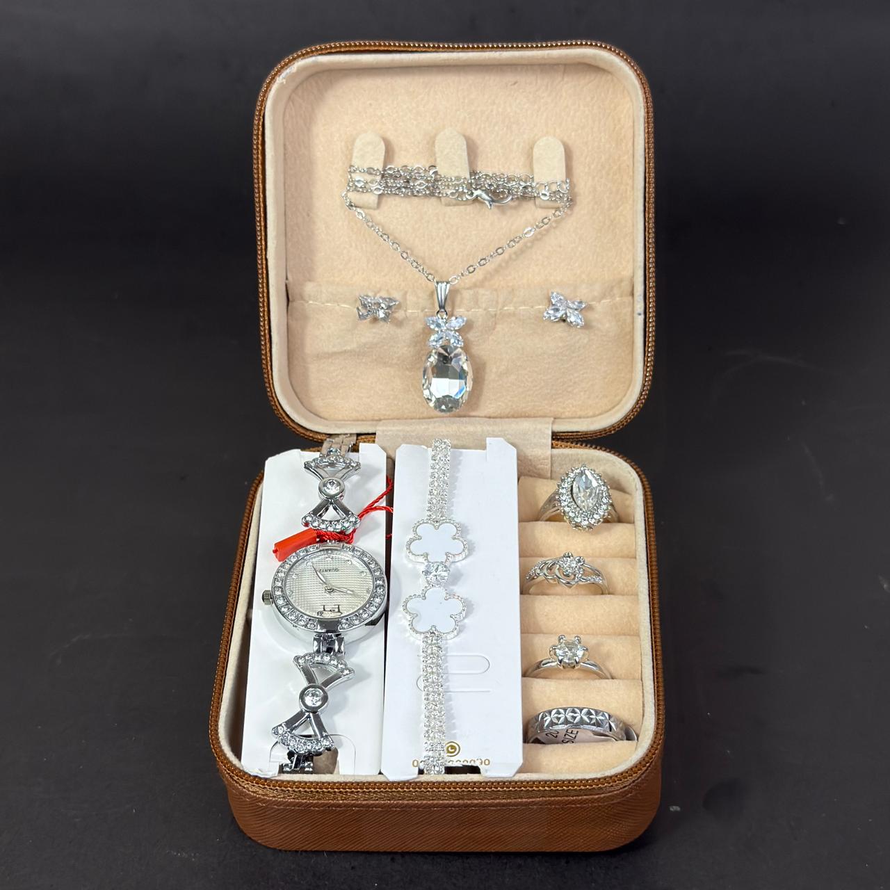 Women’s Silver Watch & Jewelry Set – Brown Box Edition