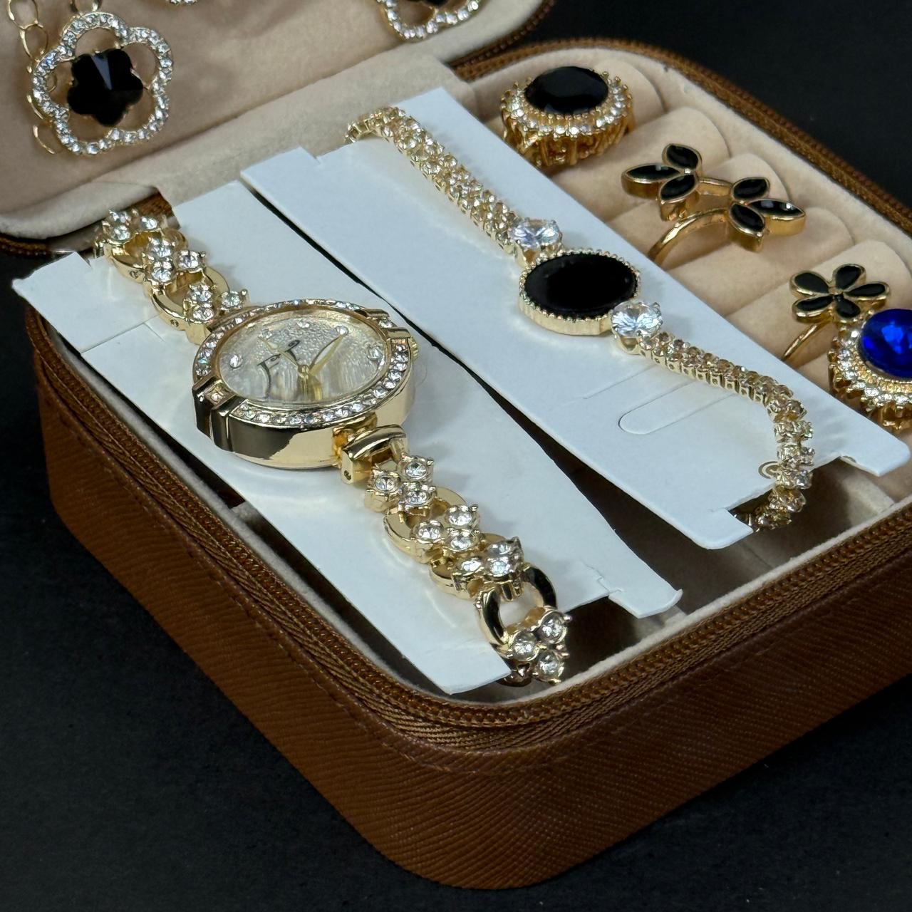 Women’s Gold Watch & Jewelry Set – Brown Box with Black & Blue Stone Accents