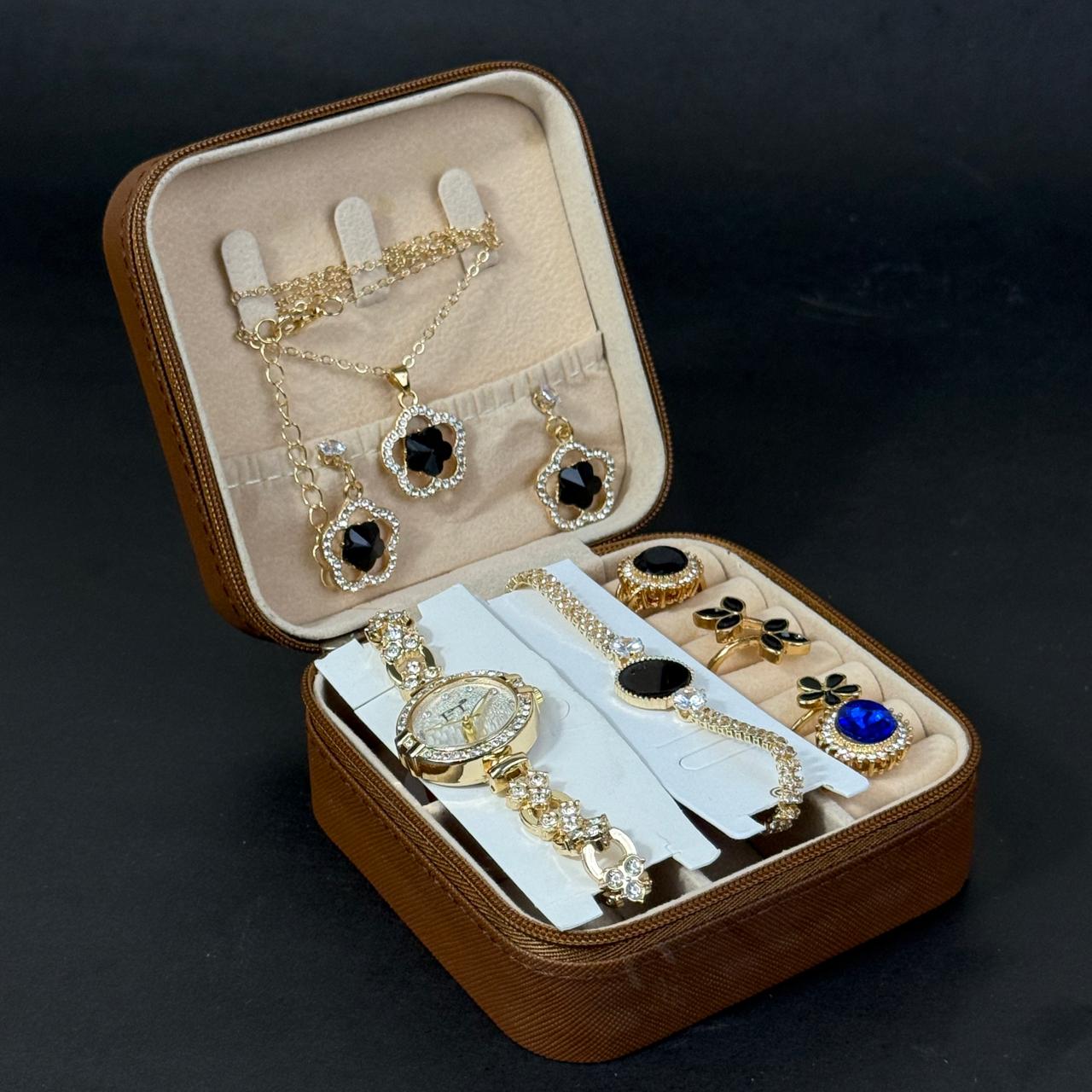 Women’s Gold Watch & Jewelry Set – Brown Box with Black & Blue Stone Accents