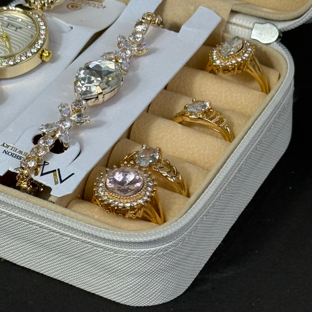 Women’s Gold Watch & Jewelry Set – White Box with Teal Stone Accents