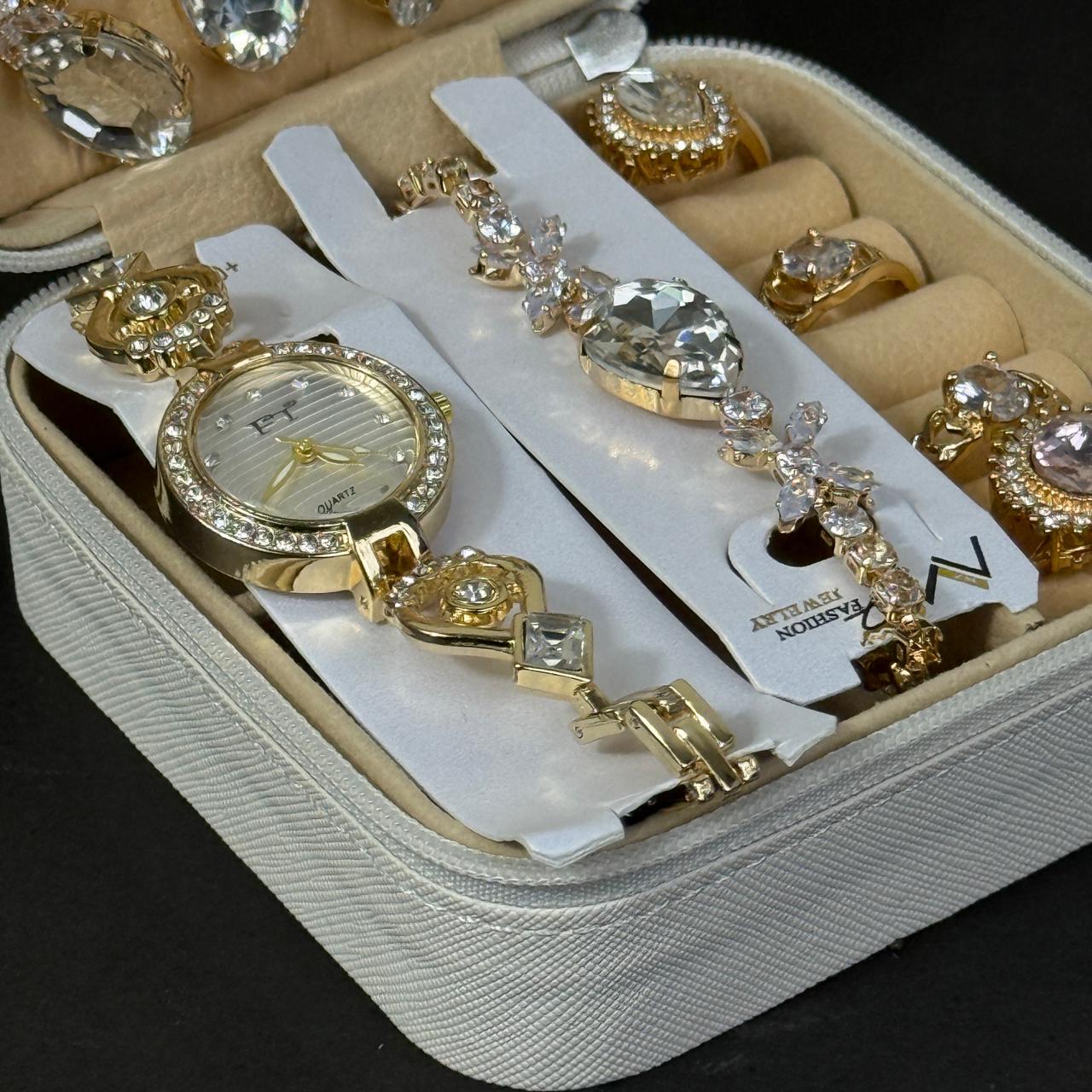 Women’s Gold Watch & Jewelry Set – White Box with Teal Stone Accents