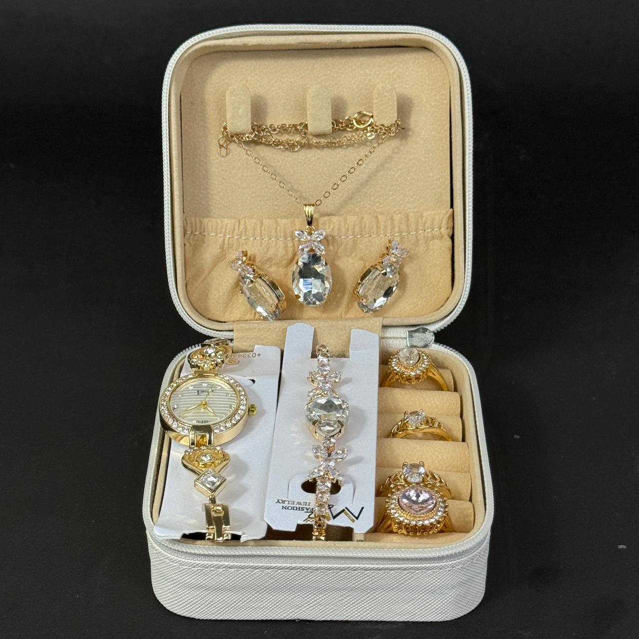 Women’s Gold Watch & Jewelry Set – White Box with Teal Stone Accents