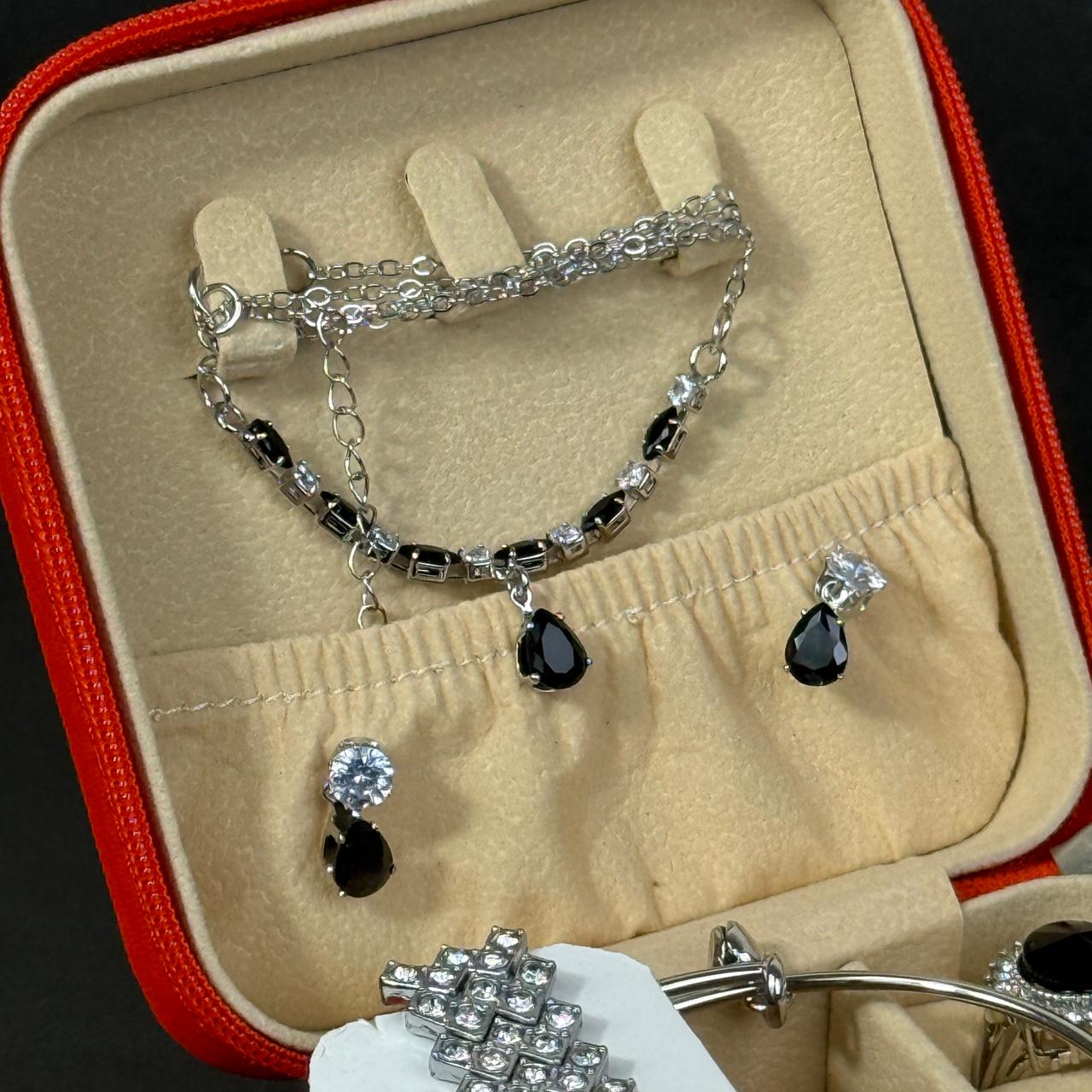 Women’s Silver Watch & Jewelry Set – Red Box with Black Stone Accents
