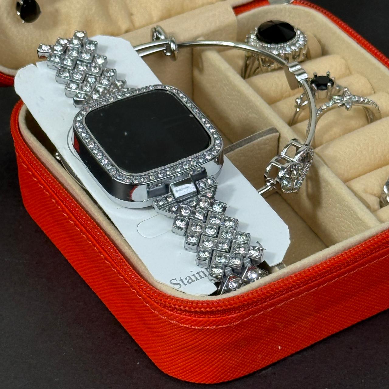 Women’s Silver Watch & Jewelry Set – Red Box with Black Stone Accents