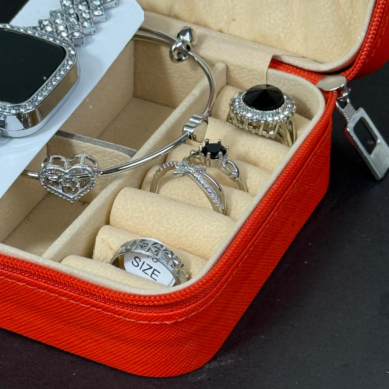 Women’s Silver Watch & Jewelry Set – Red Box with Black Stone Accents
