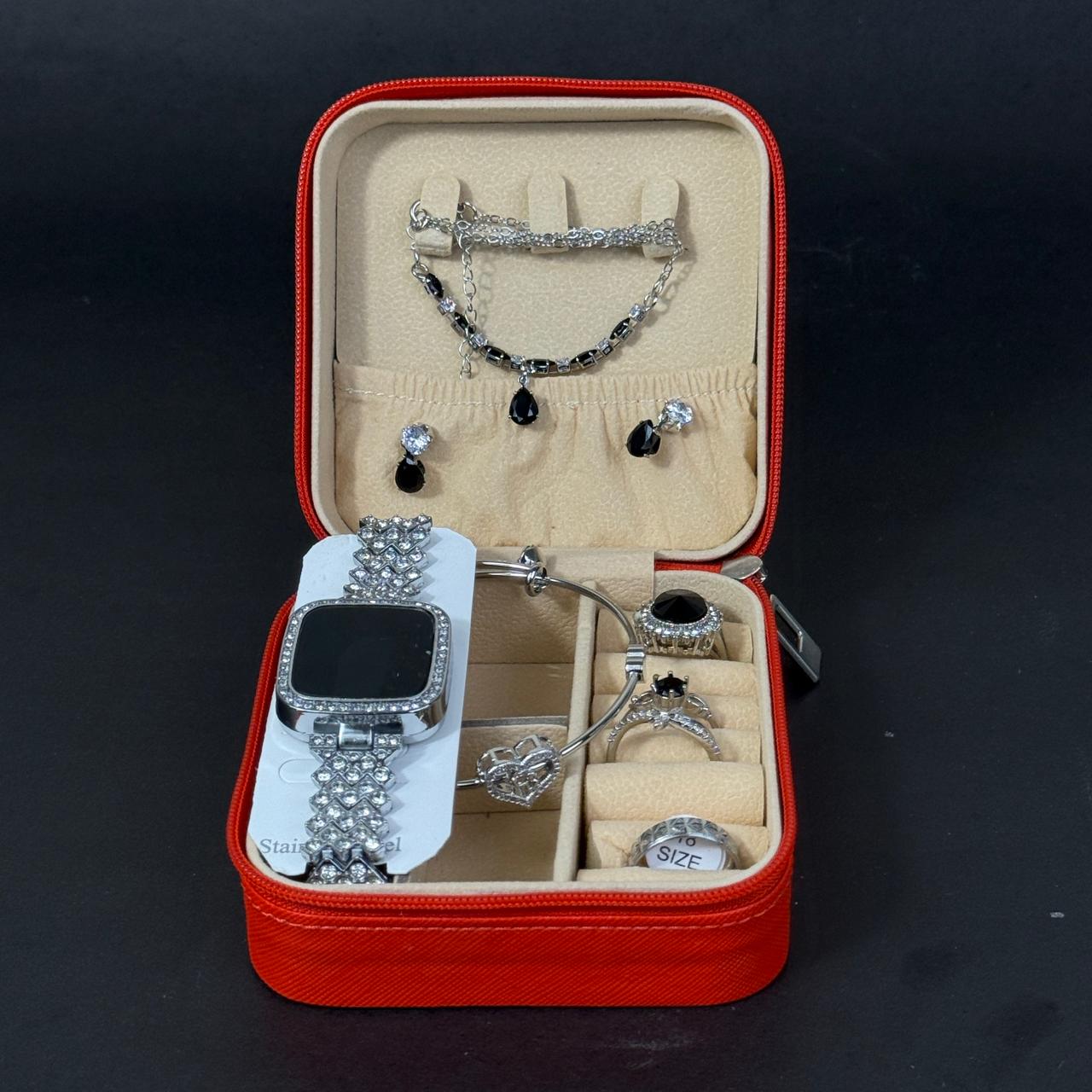 Women’s Silver Watch & Jewelry Set – Red Box with Black Stone Accents