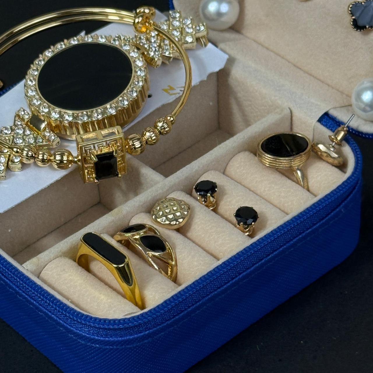 Women’s Gold Watch & Jewelry Set – Royal Blue Box with Black Stone Accents