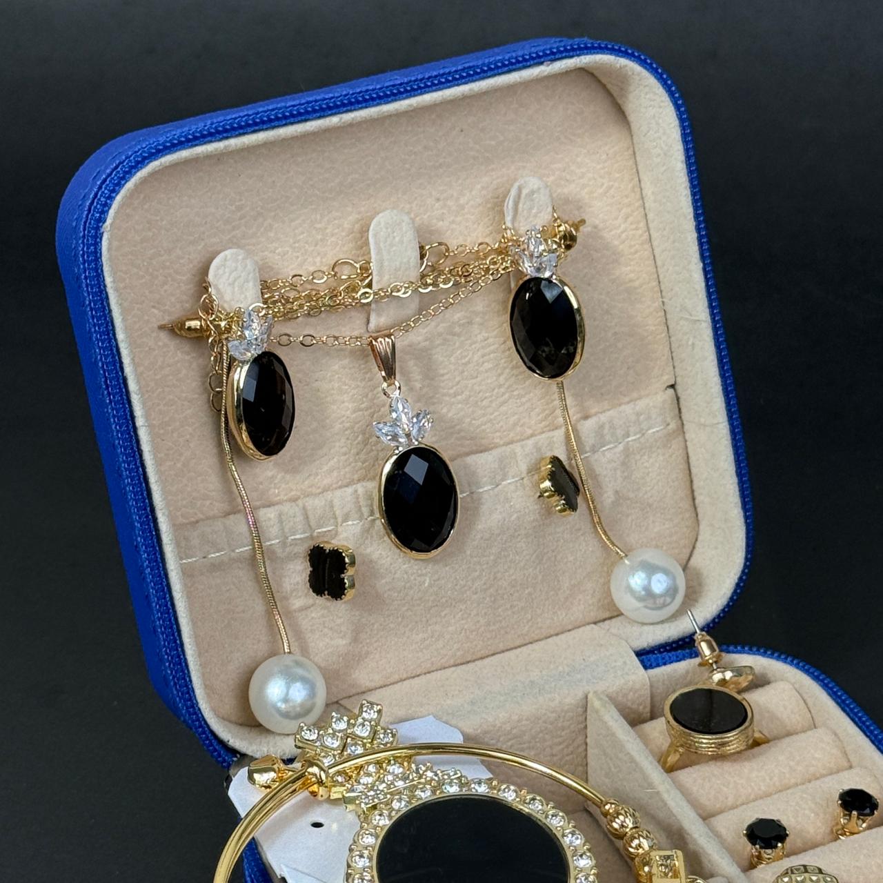 Women’s Gold Watch & Jewelry Set – Royal Blue Box with Black Stone Accents