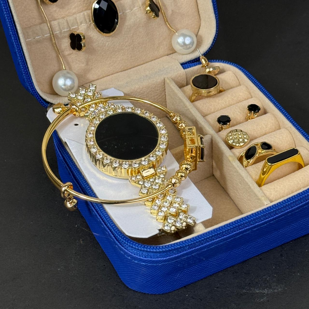 Women’s Gold Watch & Jewelry Set – Royal Blue Box with Black Stone Accents