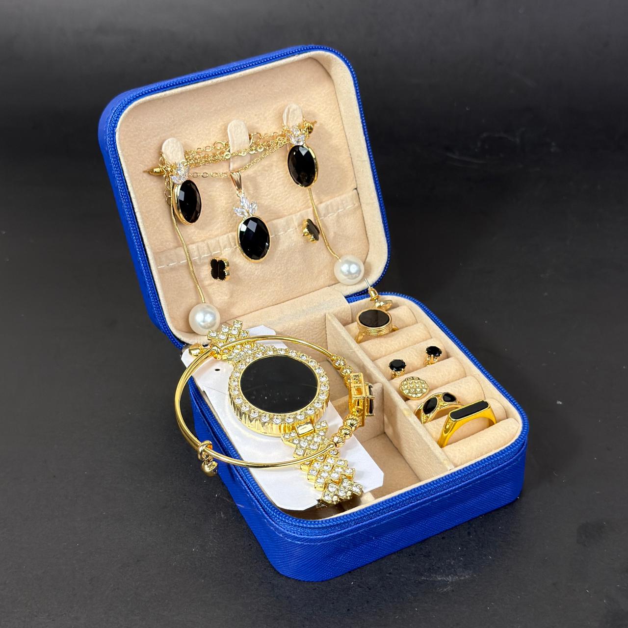 Women’s Gold Watch & Jewelry Set – Royal Blue Box with Black Stone Accents
