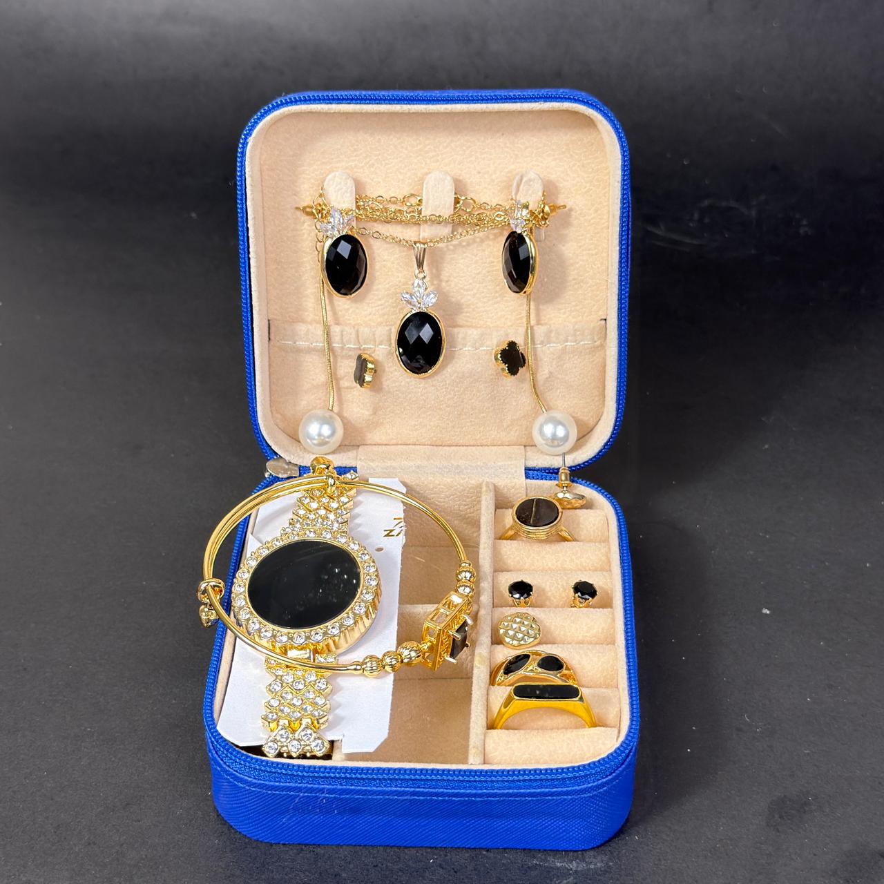 Women’s Gold Watch & Jewelry Set – Royal Blue Box with Black Stone Accents