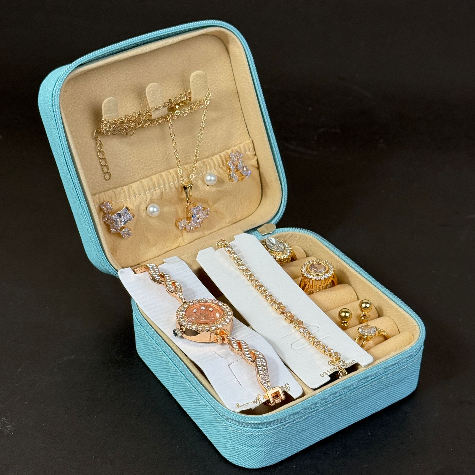 Women’s Rose Gold Watch & Jewelry Set – Mint Blue Box Edition
