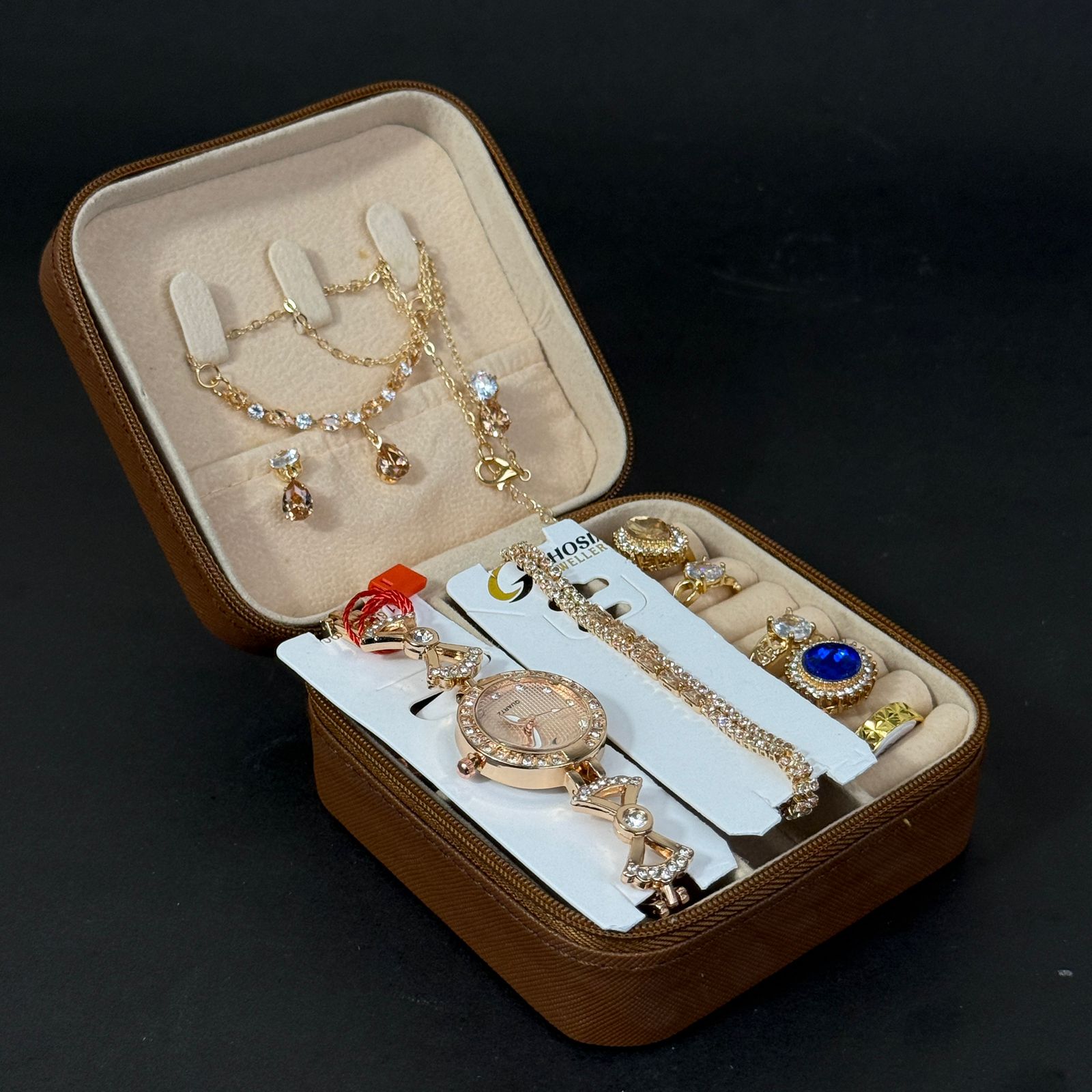 Women’s Rose Gold Watch & Jewelry Set – Brown Box with Blue Stone Accent
