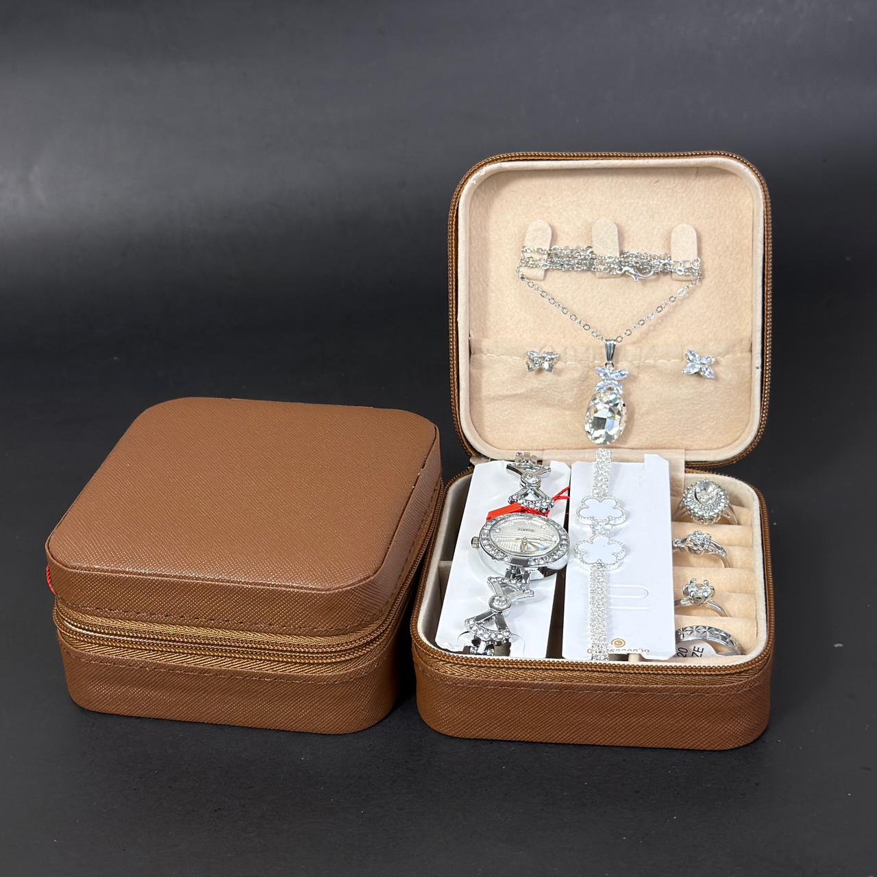 Women’s Silver Watch & Jewelry Set – Brown Box Edition