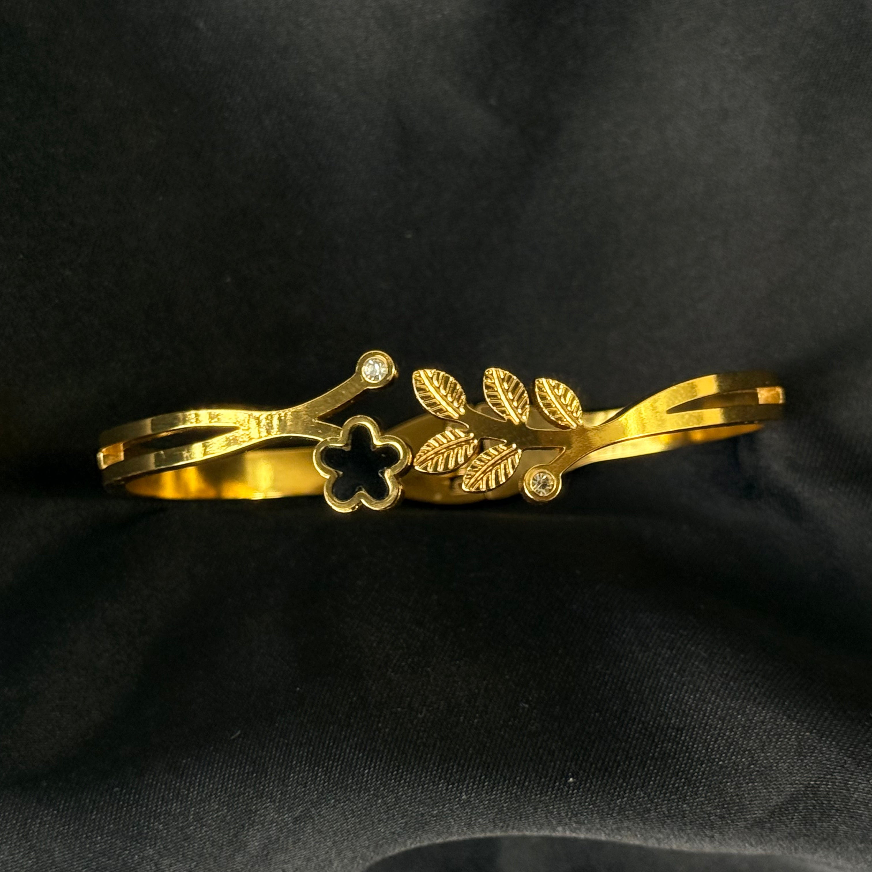 Gold-Plated Stainless Steel Floral Bangle Bracelet