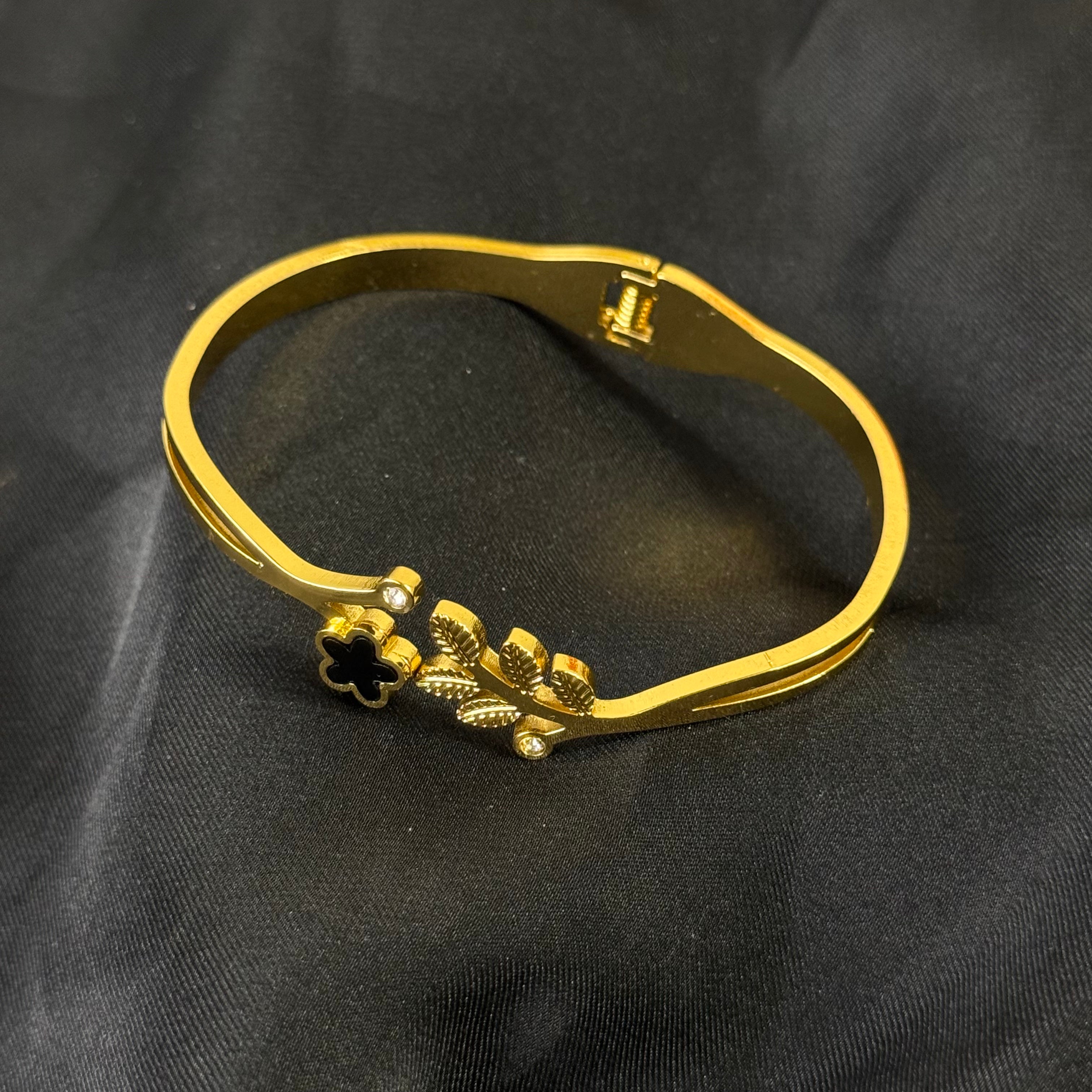 Gold-Plated Stainless Steel Floral Bangle Bracelet