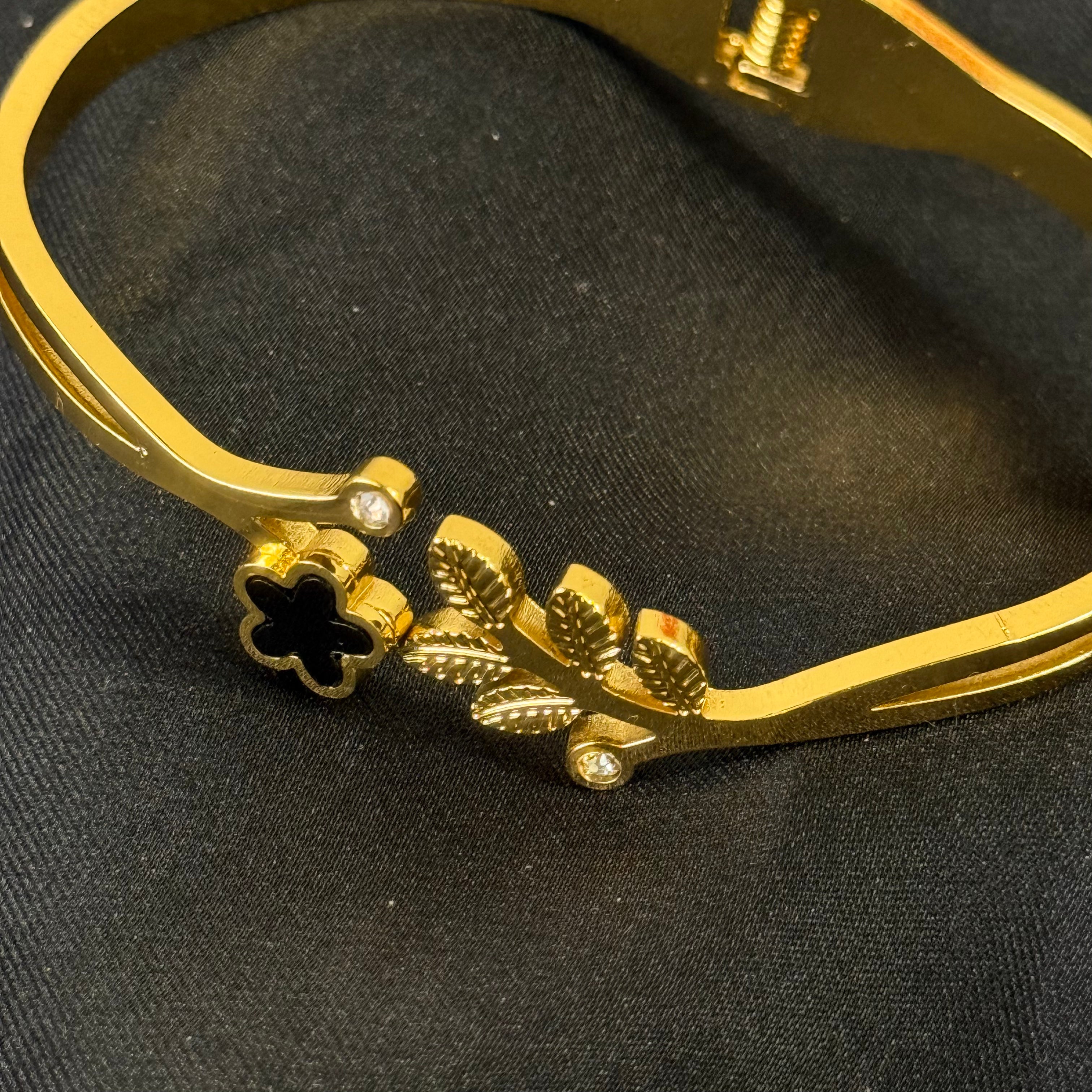 Gold-Plated Stainless Steel Floral Bangle Bracelet